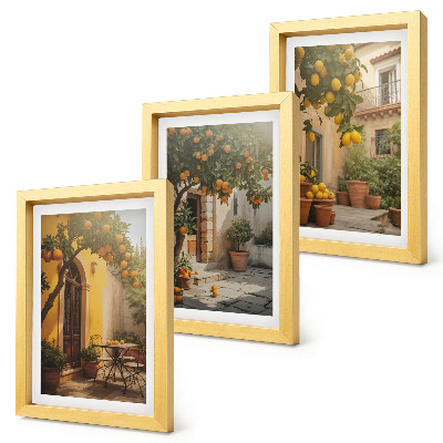 Triptych v ráme Slnečná terasa s citrusovými stromami a kvetináčmi