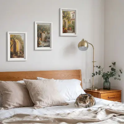 Slnečná terasa s citrusovými stromami a kvetináčmi triptych v ráme