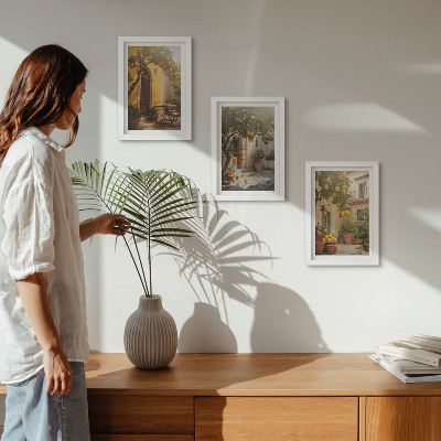 Triptych v ráme Slnečná terasa s citrusovými stromami a kvetináčmi