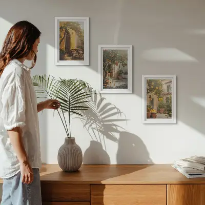 Slnečná terasa s citrusovými stromami a kvetináčmi triptych v ráme