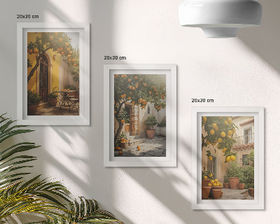 Triptych v ráme Slnečná terasa s citrusovými stromami a kvetináčmi