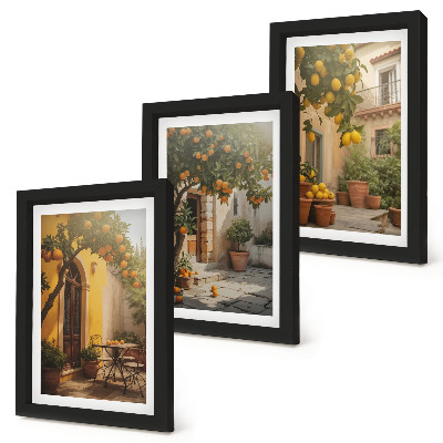 Triptych v ráme Slnečná terasa s citrusovými stromami a kvetináčmi