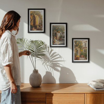 Triptych v ráme Slnečná terasa s citrusovými stromami a kvetináčmi