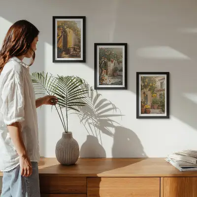 Slnečná terasa s citrusovými stromami a kvetináčmi triptych v ráme