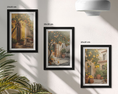 Triptych v ráme Slnečná terasa s citrusovými stromami a kvetináčmi