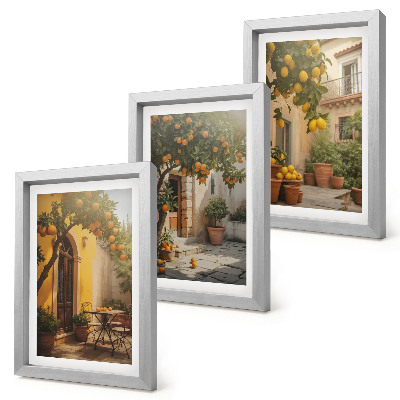 Triptych v ráme Slnečná terasa s citrusovými stromami a kvetináčmi