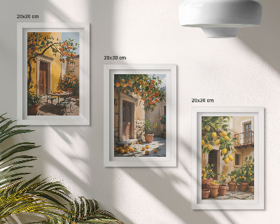 Triptych v ráme Citrusové plody na slnečnom nádvorí s rastlinami