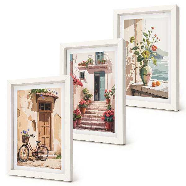 Triptych v ráme Maľované ulice s kvetmi a bicyklom