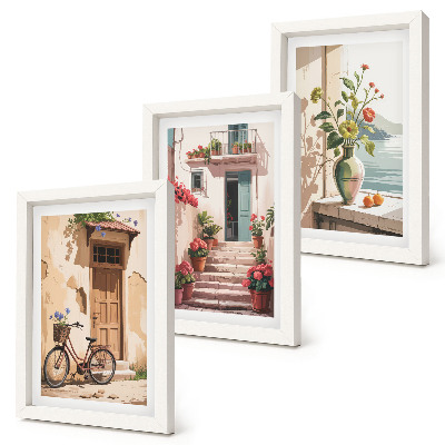 Triptych v ráme Maľované ulice s kvetmi a bicyklom