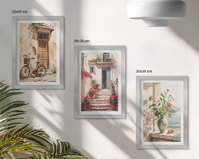 Triptych v ráme Maľované ulice s kvetmi a bicyklom