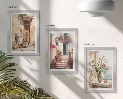 Maľované ulice s kvetmi a bicyklom triptych v ráme