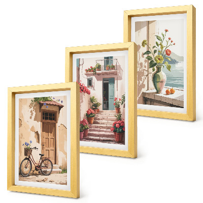 Triptych v ráme Maľované ulice s kvetmi a bicyklom