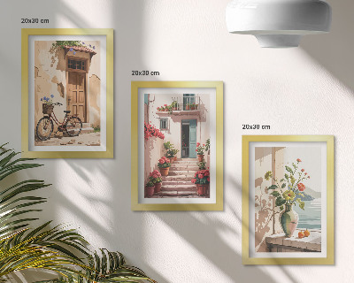 Triptych v ráme Maľované ulice s kvetmi a bicyklom