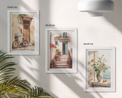 Triptych v ráme Maľované ulice s kvetmi a bicyklom