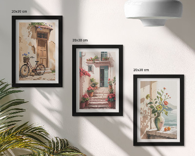 Triptych v ráme Maľované ulice s kvetmi a bicyklom