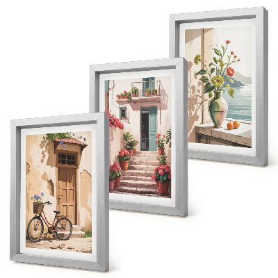 Triptych v ráme Maľované ulice s kvetmi a bicyklom