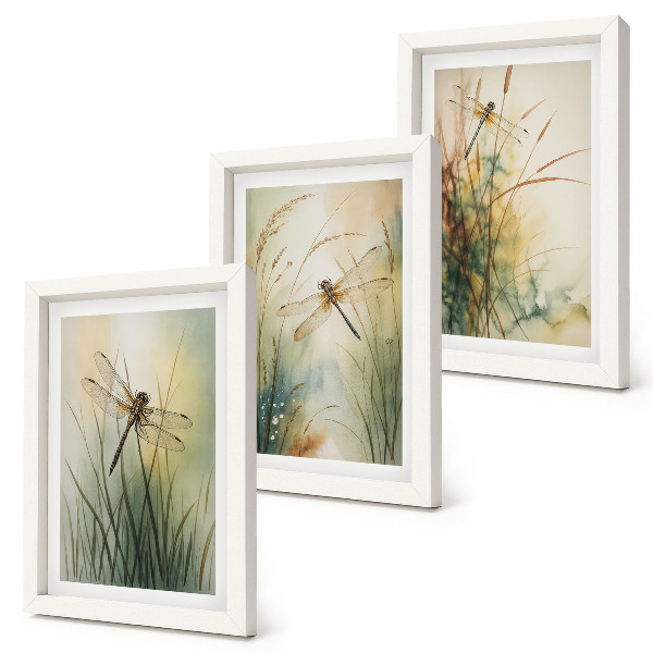 Triptych v ráme Maľované trávy s vážkami nad vodou