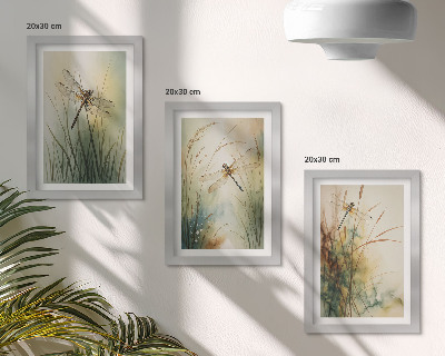 Triptych v ráme Maľované trávy s vážkami nad vodou