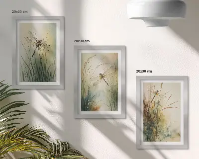 Maľované trávy s vážkami nad vodou triptych v ráme