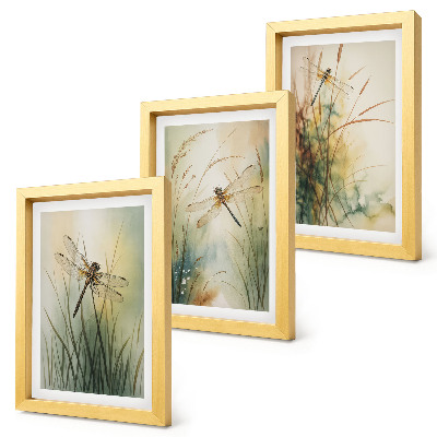 Triptych v ráme Maľované trávy s vážkami nad vodou