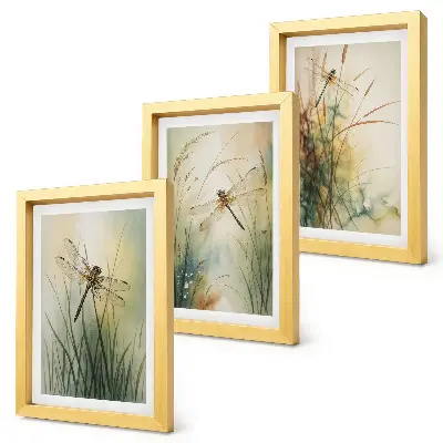 Maľované trávy s vážkami nad vodou triptych v ráme