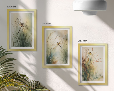 Triptych v ráme Maľované trávy s vážkami nad vodou