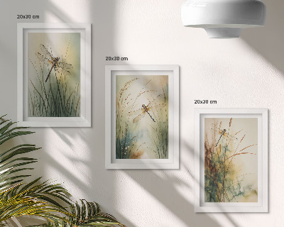 Triptych v ráme Maľované trávy s vážkami nad vodou