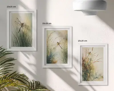 Maľované trávy s vážkami nad vodou triptych v ráme