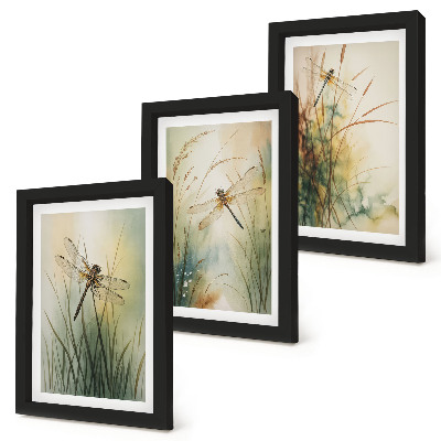 Triptych v ráme Maľované trávy s vážkami nad vodou