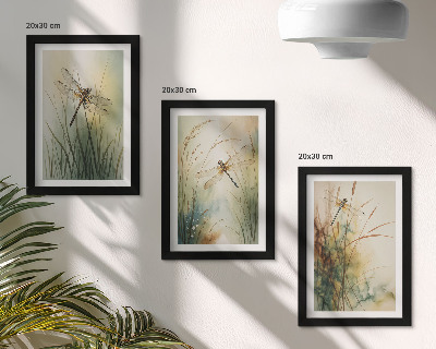 Triptych v ráme Maľované trávy s vážkami nad vodou