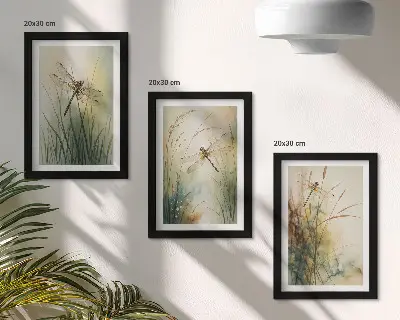 Maľované trávy s vážkami nad vodou triptych v ráme