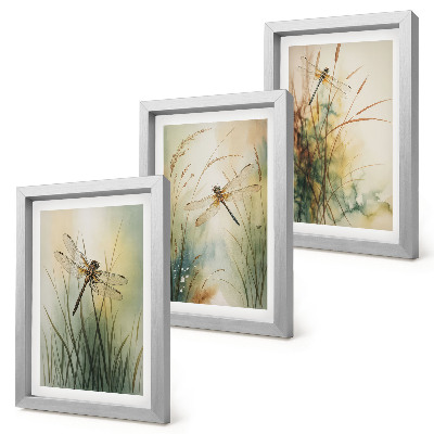Triptych v ráme Maľované trávy s vážkami nad vodou