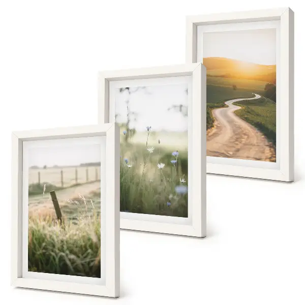 Krajina s lúkou, cestou a západom slnka triptych v ráme