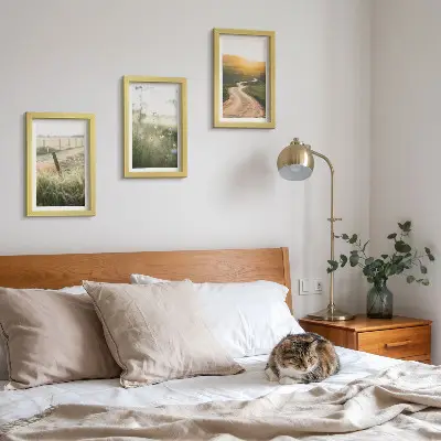 Krajina s lúkou, cestou a západom slnka triptych v ráme
