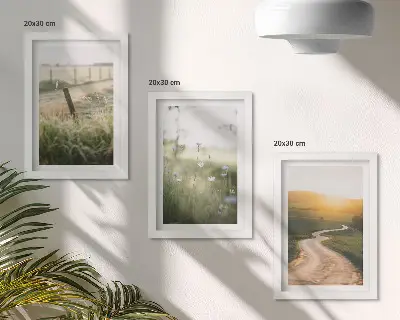 Krajina s lúkou, cestou a západom slnka triptych v ráme