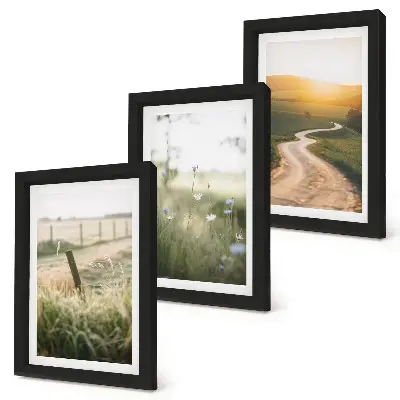 Krajina s lúkou, cestou a západom slnka triptych v ráme