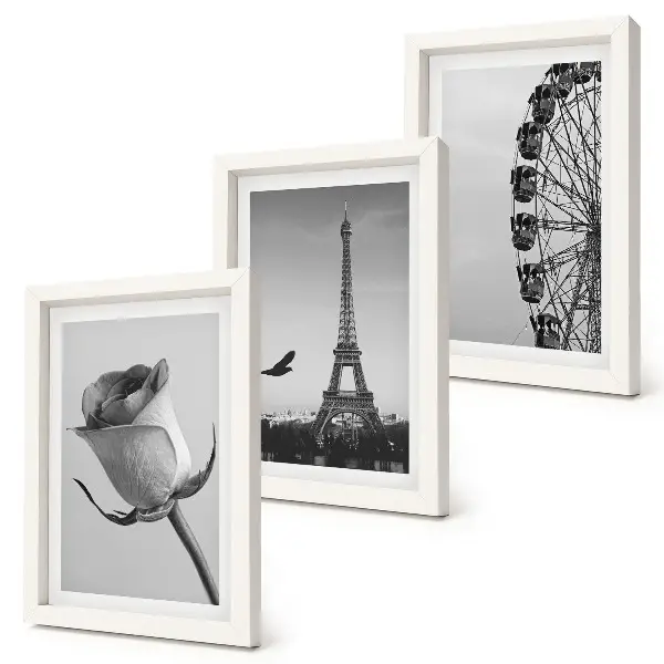 Ružová Eiffelova veža a ruské koleso v monochromatickom štýle triptych v ráme