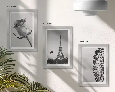 Ružová Eiffelova veža a ruské koleso v monochromatickom štýle triptych v ráme