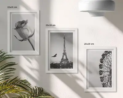 Ružová Eiffelova veža a ruské koleso v monochromatickom štýle triptych v ráme