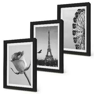 Ružová Eiffelova veža a ruské koleso v monochromatickom štýle triptych v ráme