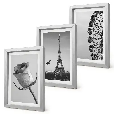 Ružová Eiffelova veža a ruské koleso v monochromatickom štýle triptych v ráme