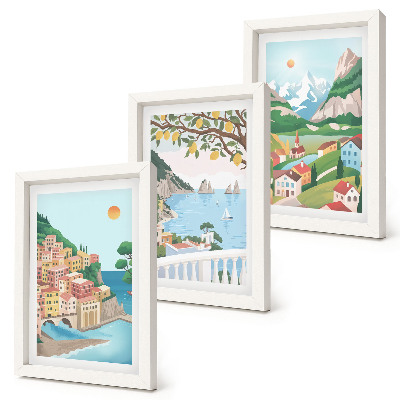 Triptych v ráme Výhľady na more s pastelovo sfarbenými domami