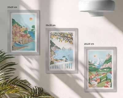 Triptych v ráme Výhľady na more s pastelovo sfarbenými domami