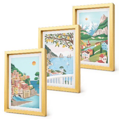Triptych v ráme Výhľady na more s pastelovo sfarbenými domami