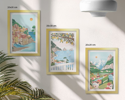 Triptych v ráme Výhľady na more s pastelovo sfarbenými domami