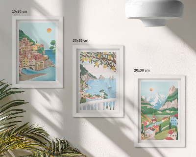Triptych v ráme Výhľady na more s pastelovo sfarbenými domami