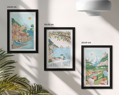 Triptych v ráme Výhľady na more s pastelovo sfarbenými domami