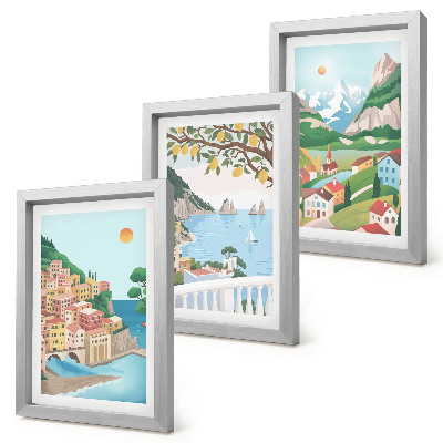 Triptych v ráme Výhľady na more s pastelovo sfarbenými domami