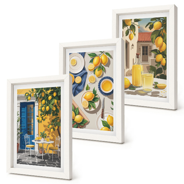 Triptych v ráme Citrónová záhrada s citrónmi a nápojmi na stole
