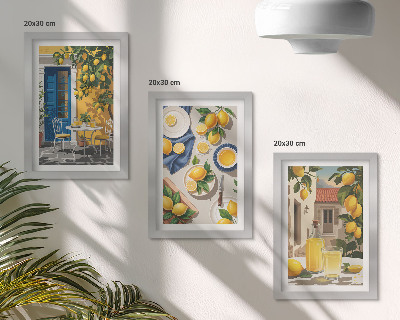 Triptych v ráme Citrónová záhrada s citrónmi a nápojmi na stole